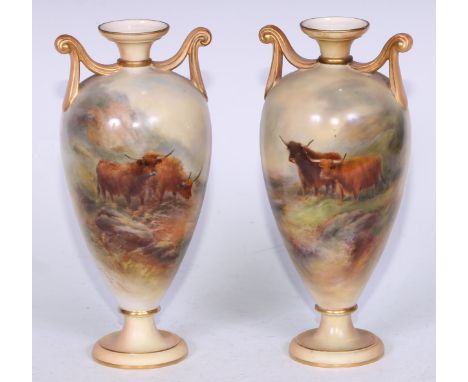 A pair of  Royal Worcester pedestal ovoid two handles vases, painted by Harry Stinton, signed, with Highland cattle, gilt rim