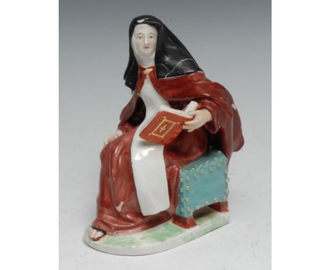 A Chelsea Derby figure, of a nun, seated, holding a bible, 15.5cm high, incised No.102 and manuscript N, c.1780 