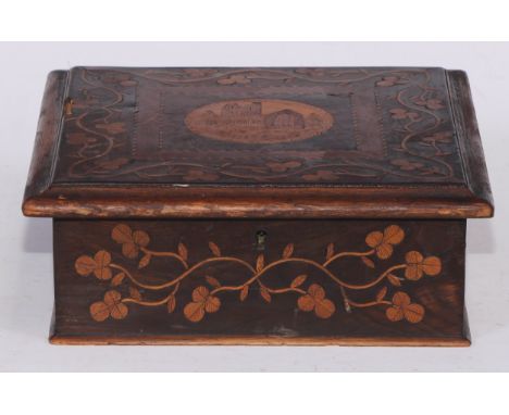 A 19th century Irish Killarney marquetry and arbutus box, hinged square top inlaid with a circular reserve of Muckross Abbey,