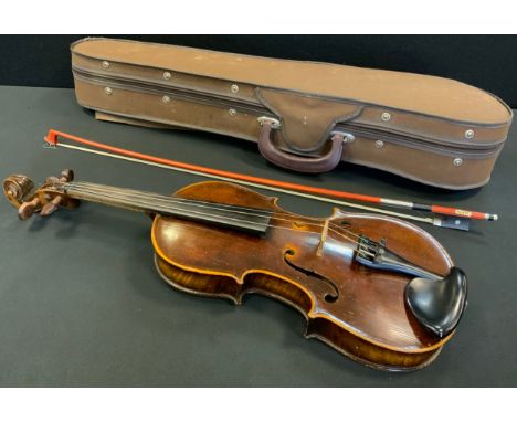 A 19th century violin, the two-piece back 33cm long excluding button, outlined with purfling, 55cm long overall, cased;  bows