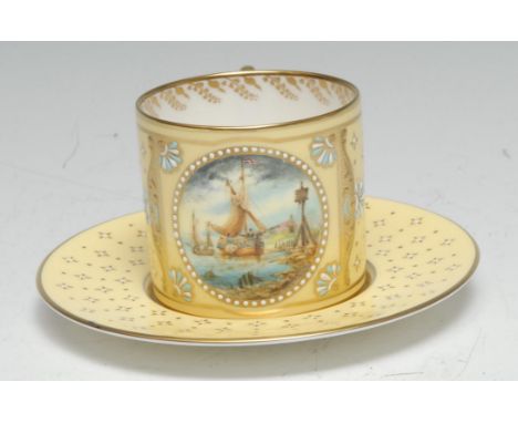 A Lynton cabinet coffee can and stand, painted by Stefan, Nowacki, signed, with a Dutch schooner and harbour, within a circul