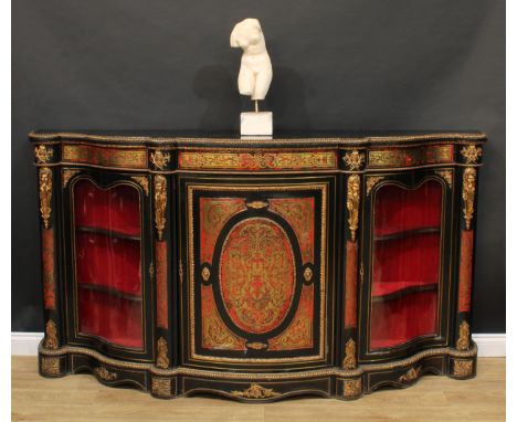 A 19th century gilt metal mounted Boulle and ebonised credenza, slightly oversailing serpentine top applied with egg-and-bell