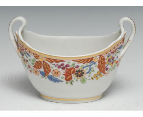 A Pinxton open two handled sucrier, pattern 350, decorated in the imari palette with stylised leaves and flowerheads, within 