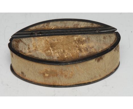A George III pony skin navette shaped snuff box, flush-hinged cover, 9cm wide, early 19th century 