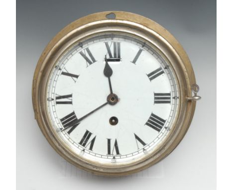 An early 20th century English marine bulkhead timepiece, 18cm white enamel circular dial painted with Roman numerals, singe-w