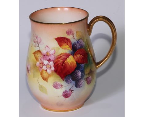 A Royal Worcester baluster mug, painted by Kitty Blake, signed, with ripe berries and blossom, gilt line rim and loop handle,