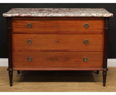 A 19th century mahogany commode or chest, hipped rectangular marble top above three long drawers, flanked by acanthus capped 