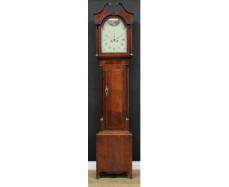 A George III oak and mahogany longcase clock, 32cm arched painted dial inscribed Thomas, Worcester, Roman and subsidiary Arab