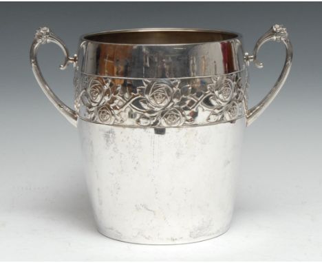 A WMF Art Nouveau silver plated wine cooler, embossed with a band of stylised roses, wrapped and reeded cornucopia scroll han