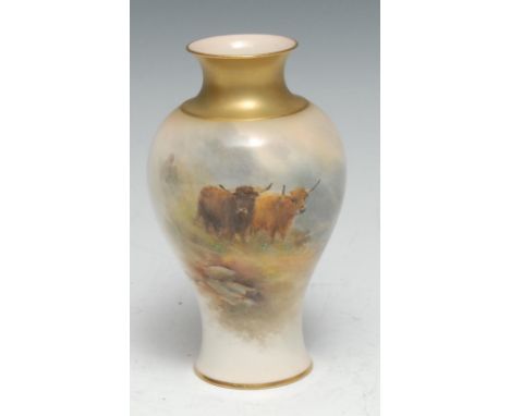 A Royal Worcester baluster vase, painted by Harry Stinton, signed, painted with Highland cattle, flared gilt neck, 15cm high,