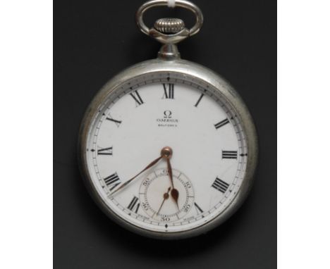 An Omega silver plated open faced pocket watch4cm enamel dial with Roman numerals, subsidiary seconds dial, keyless movement,