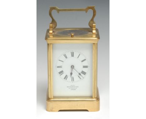 A 19th century lacquered brass repeating carriage clock, 7cm rectangular enamel dial inscribed: Examined Wales &amp; McCulloc