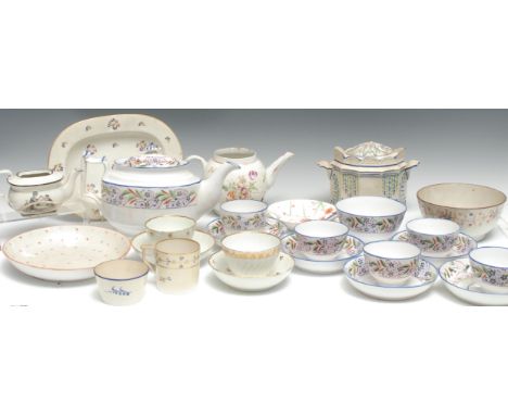 An English Porcelain part tea service, banded in stylised flowers, c.1800; Newhall, Derby; Castleford sucrier; etc