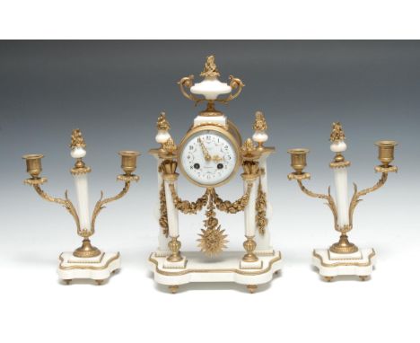 A Louis XVI-style gilt-metal mounted marble clock garniture, 9cm convex white enamel inscribed dial, with Roman numerals and 