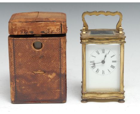 A late 19th century French lacquered brass carriage timepiece, 5.7cm white enamel dial inscribed with Roman numerals, the bac