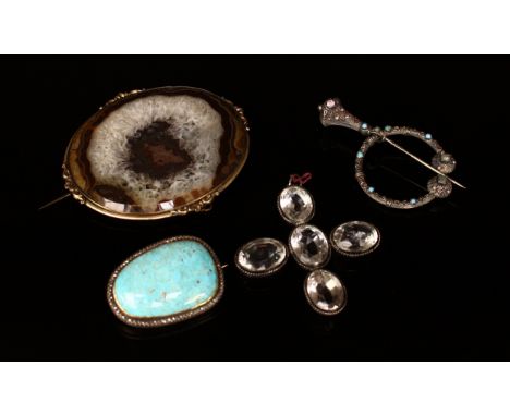 A mid 20th century rounded-rectangular turquoise and diamond brooch, the large central stone set within a border of small dia