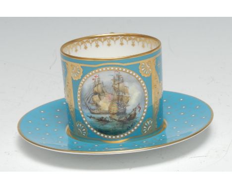 A Lynton cabinet coffee can and stand, painted by Stefan Nowacki, monogrammed, with a maritime battle from the Anglo-Dutch Wa