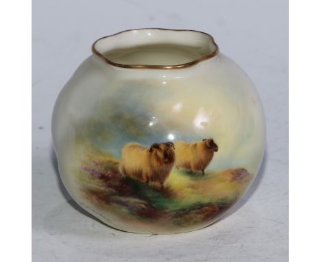 A Royal Worcester moulded globular vase,  painted by E. Baker, signed, with sheep, 7.5cm high,  printed crown and circle mark