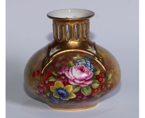 A Royal Worcester globular vase, painted by  by E. Barker, signed, with primroses and other flowers, the shoulders in relief 