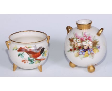 A Royal Worcester  spherical two handled vase,  painted by George Hundley, signed,  with flowers and berries, three gilt ball