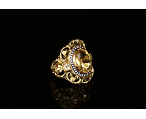 A Victorian style citrine, diamond and enamel ring, the central oval faceted stone flanked by diamonds to shoulders within a 