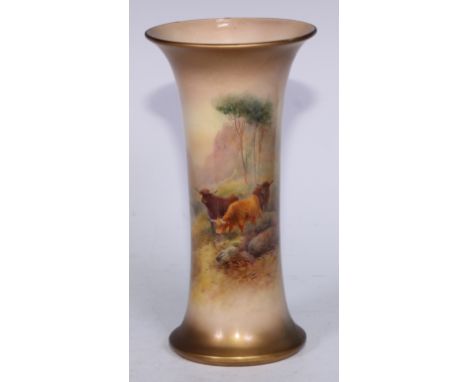 A Royal Worcester flared cylindrical vase, painted by Harry Stinton, signed, with Highland cattle, gilt rim, 19cm high, print