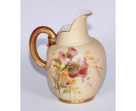 A Royal Worcester flat sided jug,  printed and painted  by Edward Raby, signed, with thistles, on a blush ivory ground, 15cm 