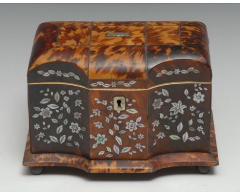 A Victorian tortoiseshell and mother-of-pearl inlaid serpentine tea caddy, inlaid with stylised leaves and flowerheads, the i