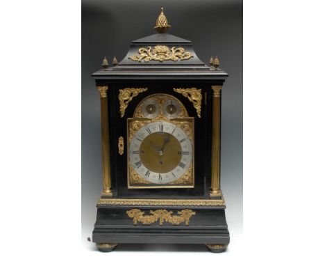 A substantial Victorian gilt-metal mounted ebonised repeating musical bracket clock, in the George II taste, 20cm arched bras
