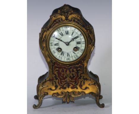 A 19th century gilt metal mounted boulle cartouche shaped mantel clock, 8.5cm convex enamel dial with Roman and subsidiary Ar