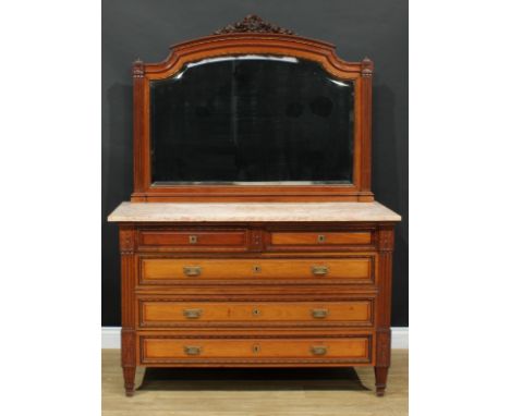 A 19th century pier commode or chest, arched mirror crested by a ribbon-tied spray of flowers, rectangular marble top above t
