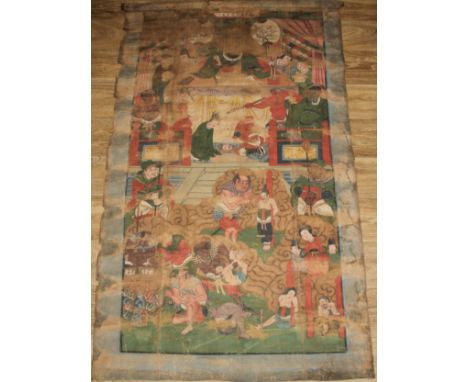 A Chinese Hell scroll, painted with pigment with the underworld of gruesome torments and merciless demons, 145cm x 94cm, poss