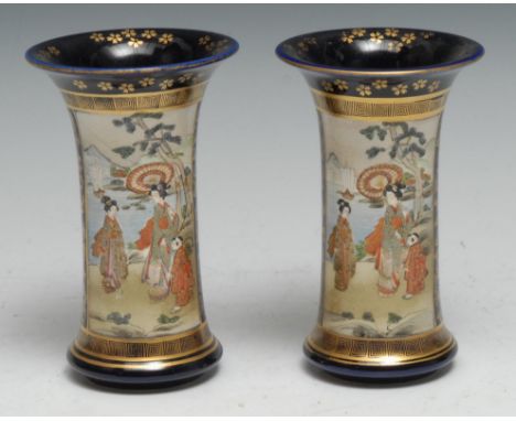 A pair of Japanese Satsuma trumpet-shaped vases, typically painted with reserves of traditional figures, birds, blossom, and 