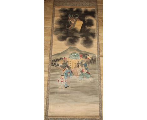 A Chinese scroll, pigments on linen, with wind demon and farmers, 155cm x 51cm, 19th century 