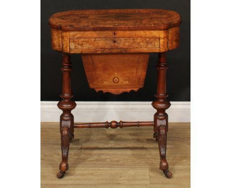 A Victorian burr walnut and marquetry bowed rectangular combination writing and work table, hinged quarter-veneered top enclo