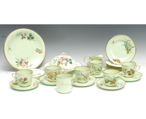 A Victorian tea service, six, painted with summer flowers and insects on a light green ground, gilt dentil rims, comprising c