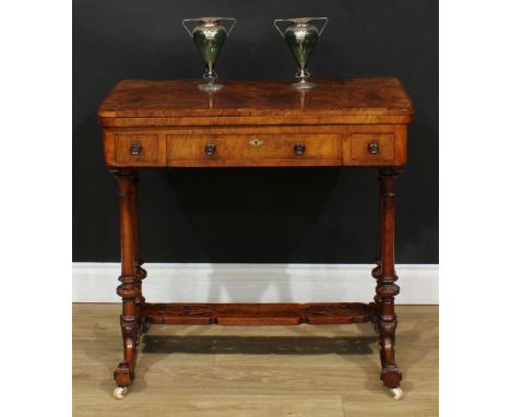 A Victorian walnut combination card and work table, hinged rounded rectangular top with marquetry angles above three frieze d