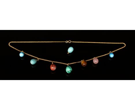 A gold coloured metal, hardstone and guilloche enamel necklace, set with rose quartz, tiger's eye, malachite etc. 