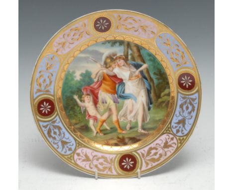 A Vienna circular plate, Cleopatra,  painted with classical figures and cherub, the rim with alternating oval panels in pink 