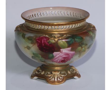 A Royal Worcester pedestal bowl,  painted by M. Blake, signed, with pink and red roses, quatrefoil base, 11cm high, pritned c