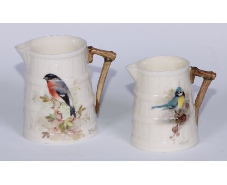 A Royal Worcester coopered jug, painted by W Powell, signed, with a Blue Tit, , 6cm high, printed crown and circle mark in gr