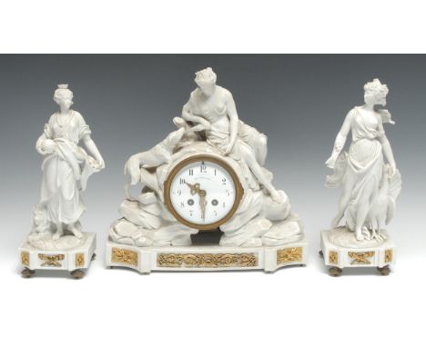 A Louis XVI ormolu-mounted Sèvres biscuit porcelain clock garniture, the 11cm diam white enamelled dial with Arabic numerals,