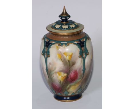 A James Hadley Worcester lobed pot pourri vase and cover, painted with pink and yellow flowers,  applied with tendrils, 14cm 