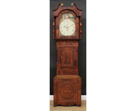 A 19th century mahogany and oak longcase clock, 33.5cm arched painted dial inscribed R. Sno**, Bradford, Roman numerals, subs