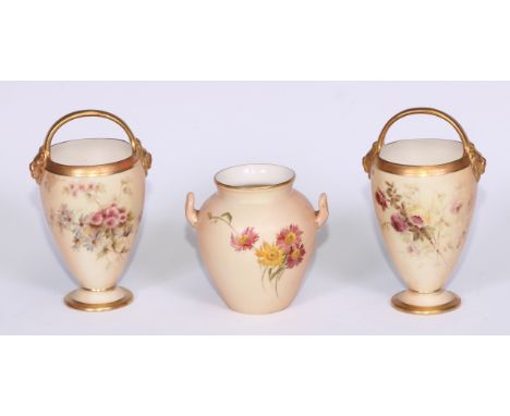 A pair of Royal Worcester  elongated baskets, printed and painted with wild flowers, gilt handles, lion maks terminals, 13cm 
