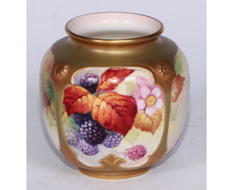 A Royal Worcester ovoid vase. painted by Kitty Blake, signed, with ripe berries and autumn leaves, tendrils in relief, 12.5cm