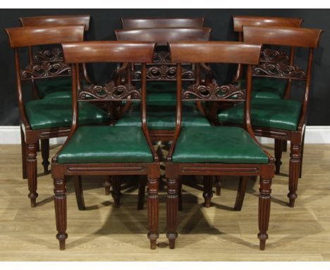 A set of eight William IV mahogany dining chairs, comprising six side chairs and a pair of carvers, each with a curved cresti