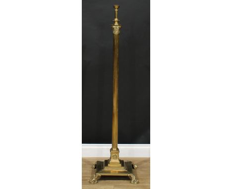 A brass floor-standing telescopic lamp, Corinthian column, stepped square base, paw feet, 133cm extending to 201cm high overa