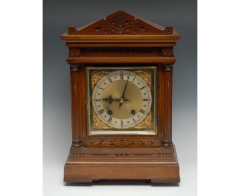 A Victorian walnut bracket clock, 16cm square brass dial with silvered chapter ring of Roman and subsidiary Arabic numerals, 