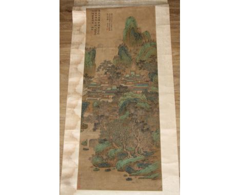 Chinese School, a scroll,  ink and colour,  painted with a monumental landscape with pagodas, 116cm x  44cm 